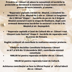 Anunț cu privire la contribuția cetățenilor pentru realizarea proiectelor demarate în or. Căinari