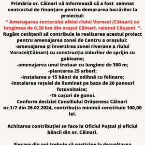 Finanțarea proiectului cu privire la amenajarea sectorului albiei rîului Vorocei (Căinari)