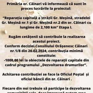 Informare despre lucrările din cadrul proiectului privind reparația străzilor