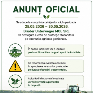 Anunț informativ: Compania Bruder Unterweger MOL SRL va efectua lucrări de protecție a plantelor pe terenurile agricole gestionate